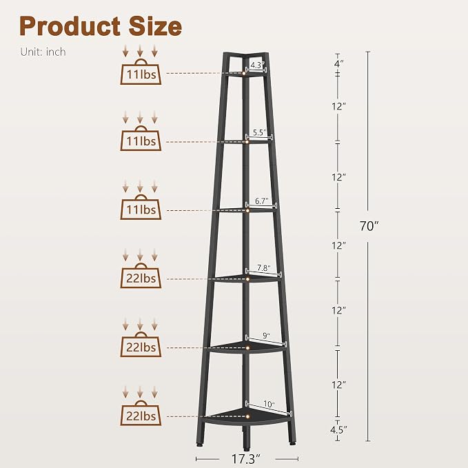 Hoctieon Corner Shelf, 6-Tier Corner Bookshelf, Rustic Ladder Shelf, Industrial Display Stand for Living Room, Kitchen, Home Office, Balcony, Small Space, Metal Frame, Black