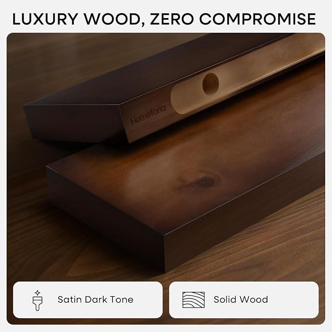 Walnut 20 inch Floating Shelf, High End Solid Real Wood 20inch Floating Shelves for Wall Mounted, Dark Brown 20 inches Long Floating Shelves, Heavy Duty Bracket, 20 X 6.5 X 1.75 in, Set of 3