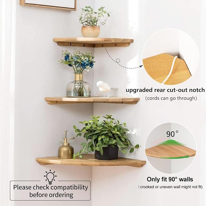 Corner Shelves, Floating Corner Shelf, Set of 2 Solid Oak Wood Wall Shelves, Round End Wall Mount with Wire Hole Shelving for Small Plant for Bedroom Kitchen, Living Room 8.7“
