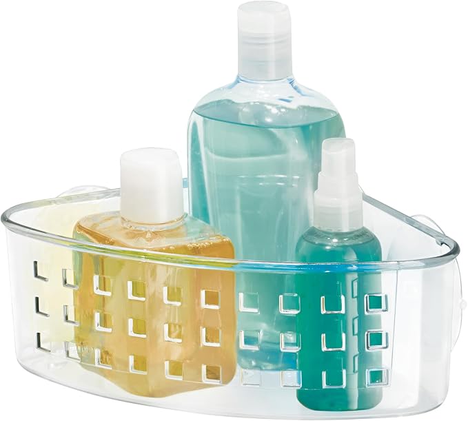 iDesign Plastic Suction Cup Corner Shower Basket, Clear | Bathroom Storage, Made in USA