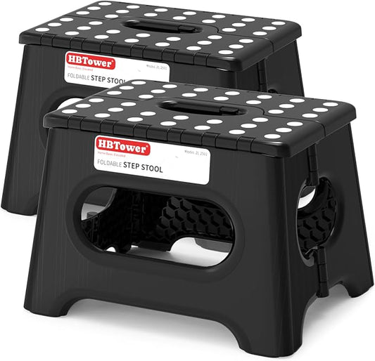HBTower Folding Step Stool 9 Inch, 600 LBS with Safety Lock, Black, 2 Pack | Compact Step Stool Foldable for Kids & Adults, Portable Carry Handle, Collapsible Foot Stool, Kitchen, Bathroom & Outdoor