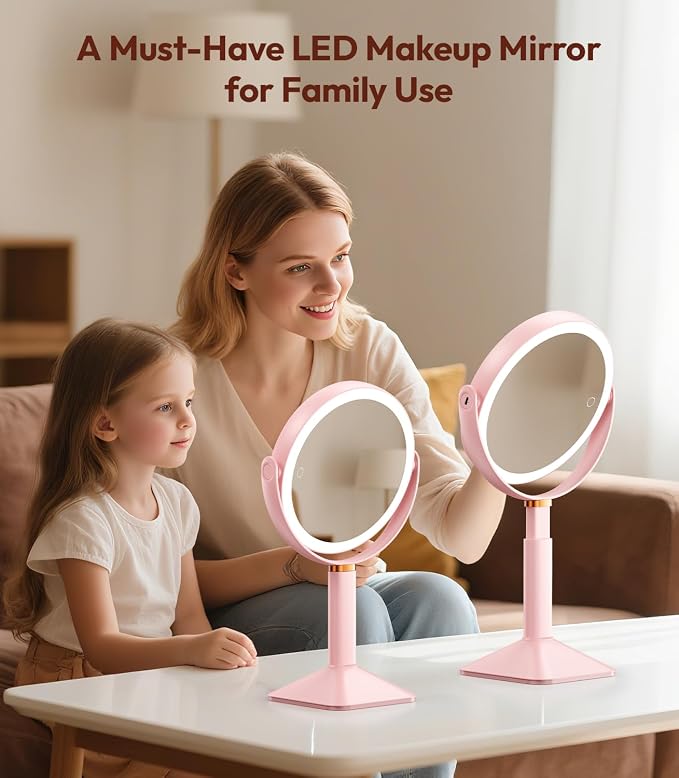 Lighted Makeup Mirror with Lights and Magnification 30X/1X, Height Adjustable 30X Magnifying Vanity Mirror with 4000mAh Battery & 3 Colors Dimming Light for Desktop Bathroom Bedroom (Pink)