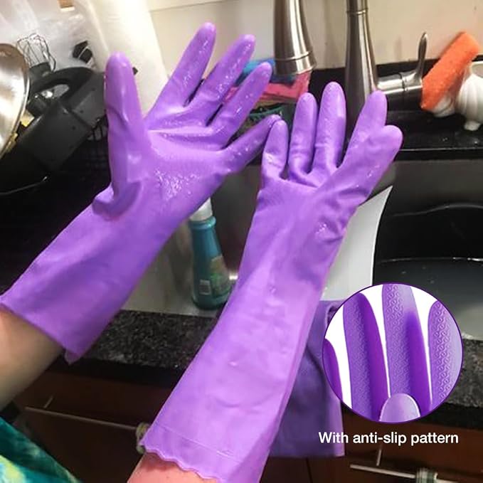 Alimat PluS Kitchen Gloves Latex Free, Cotton Flock Liner, 4 Pairs, Large | Reusable Dishwashing Gloves with Non Slip Embossed Texture, Waterproof Cleaning Gloves for Laundry, Gardening