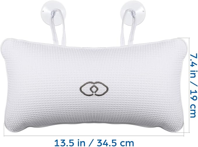 HEALLILY Huafuge Bath Pillow for Tub with PVC Air Bags, Anti-Slip Suction Cups, Breathable Mesh Cover, Head and Neck Support, White, 13.58 X 7.87 Inches