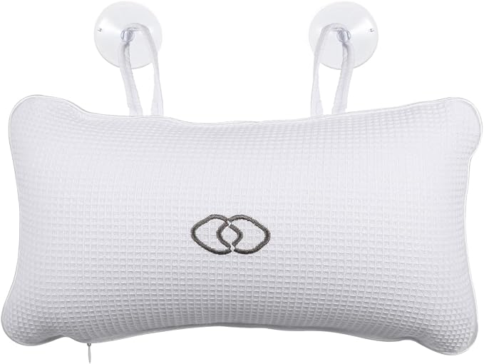 HEALLILY Huafuge Bath Pillow for Tub with PVC Air Bags, Anti-Slip Suction Cups, Breathable Mesh Cover, Head and Neck Support, White, 13.58 X 7.87 Inches