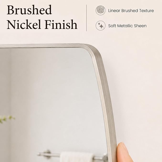 Brushed Nickel Curved Rectangle Bathroom Mirror, 24x36 Inch | Aluminum alloy frame, tempered glass, two-way keyhole mount, for bedroom, dresser, hallway