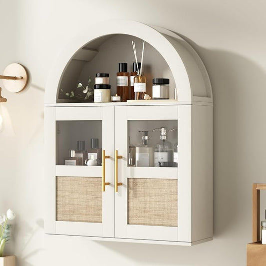 RUSTOWN Arched Bathroom Wall Cabinet with 2 Glass & Rattan Doors | Rattan Medicine Cabinet, Farmhouse Over the Toilet Storage Cabinet, Adjustable Shelves, 3-Tier Wall Mounted Cabinets