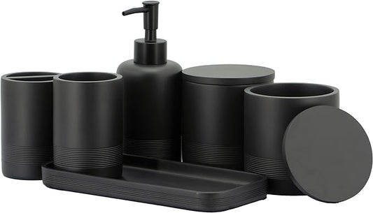 Black Matte Bathroom Accessories Set 6 Pieces - Toothbrush Holder, Lotion Dispenser, Qtip Container, Vanity Tray, Tumbler - Countertop Organizer for Bathrooms - Elegant and Functional Décor Set