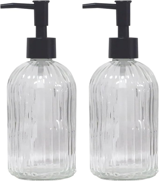 YYTSGG Clear Glass Soap Dispenser with Pump, 2 Pack 13.5oz, Vertical Stripe | Bathroom Soap Dispenser for Hand Wash and Dish Wash, Elegant Refillable Hand Dispenser for Dishwashing Liquid, Lotion