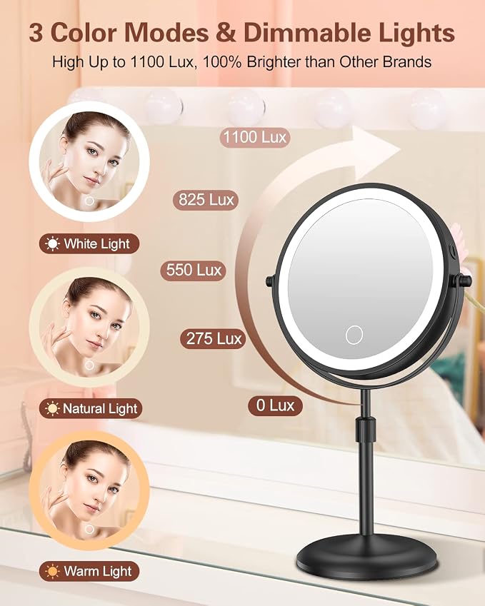 7" Lighted Makeup Mirror with Magnification 10X, Height Adjustable,3 Lights | 1X/10X Magnifying Mirror with Light, Stepless Dimming, 360° Swivel, Rechargeable Vanity Mirror for Desk, LED Standing Mirrors