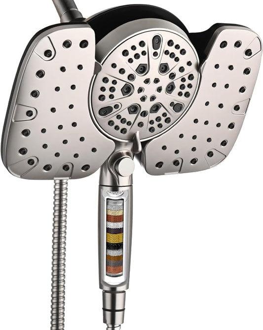 Rain Shower Head with Filtered Handheld Spray Combo Nickel 2.5 GPM | 10” Rainfall Showerhead with 9-Spray Detachable Handheld, High Pressure, ON/OFF Switch, 15-Stage Filter, Jet for Cleaning