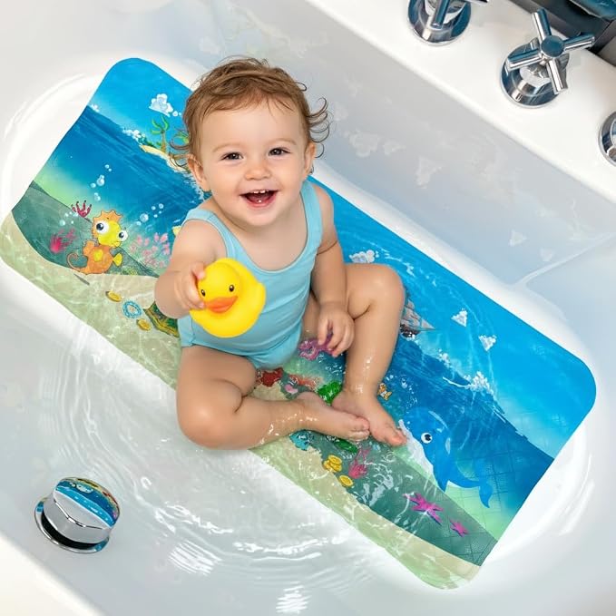 Bath Mats for Tub Kids,Baby Toddler - Large Cartoon Non-Slip Bathroom Bathtub Anti-Slip Shower Mats for Floor 35x15,Machine Washable XL Size Bathroom Mats (Ship)