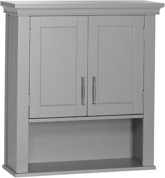 RiverRidge Somerset Two-Door Bathroom Storage, Gray Wall Cabinet, Grey, Set 1 | Open Display Shelf, Adjustable Interior Shelf, Two-Tone Handles, Space-Saving, Laundry Storage
