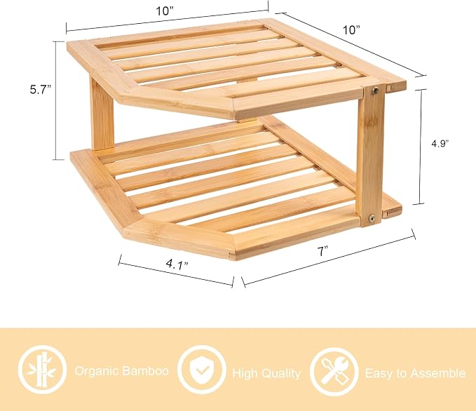 VERTORGAN 2 Tier Bamboo Corner Shelf 3 Pack Plate Organizer Kitchen | Pantry Storage,Dish Rack,Spice Rack,Corner Organizer,Kitchen Counter Shelves,Kitchen Storage,Holds Plates