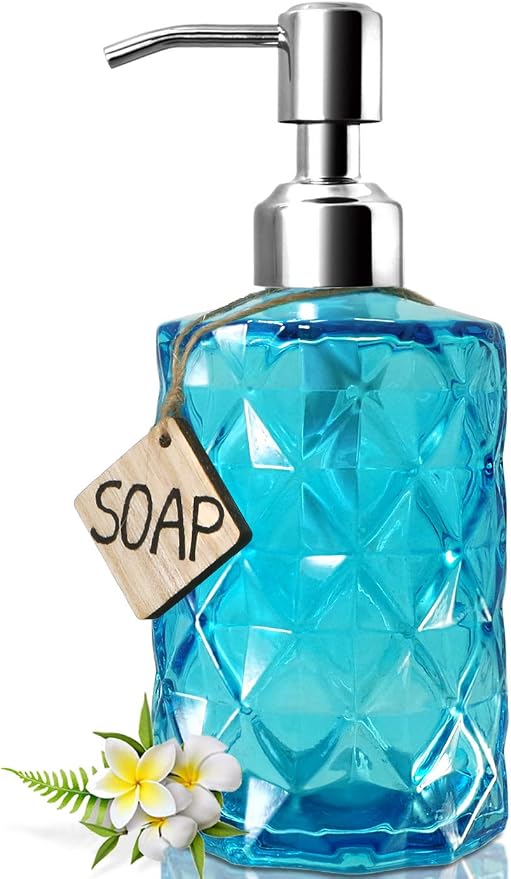JASAI 12 Oz Diamond Design Soap Dispenser with Rust Proof Soap Pump | Kitchen Soap Dispenser for Bathroom, Hand Soap, Dish Soap (Clear Blue).