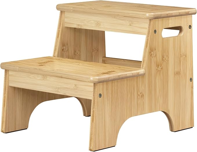 Forbena Wooden Bathroom Step Stool for Toddlers, Heavy Duty Kids 2 Step Stool for Bathroom Sink Kitchen Counter, Bamboo Wood Non-Slip Baby Children Potty Stepping Stool Seat with Handles for Toilet