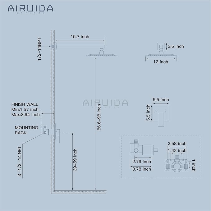 Airuida Shower Faucet Set,12 Inch Shower Valve Kit,Matte Black | Male Threads,Rough-in Valve Shower Trim Kit,Single Handle Control Shower Set