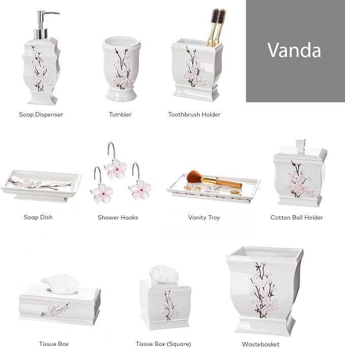Vanda Cherry Blossom 4 Piece Resin Bathroom Accessories Set | Includes Soap Dispenser, Toothbrush Holder, Tumbler Cup & Soap Dish