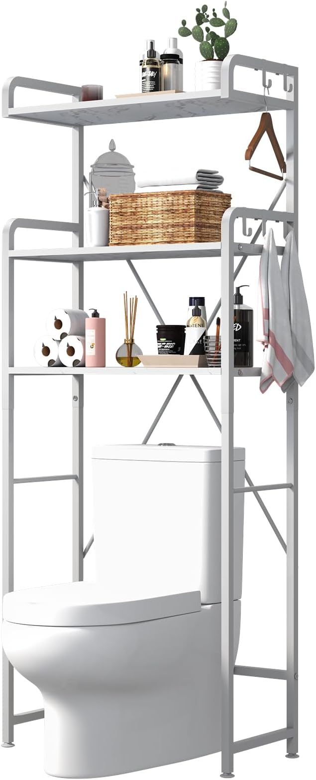 Huhote Over The Toilet Storage Rack with 3-Tier Bathroom Shelves, Space Saver Toilet Shelf, Bathroom Storage Organizer with Hooks for Over Toilet Storage and Bathroom Shelf (White Faux Marble)