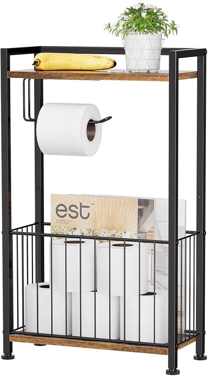 Simple Trending Freestanding Toilet Paper Holder Stand with Storage Shelf, Toilet Roll Dispenser with Large Basket for Phone Tablet Magazine, Bathroom Organizer Bath Tissue Stand, Black