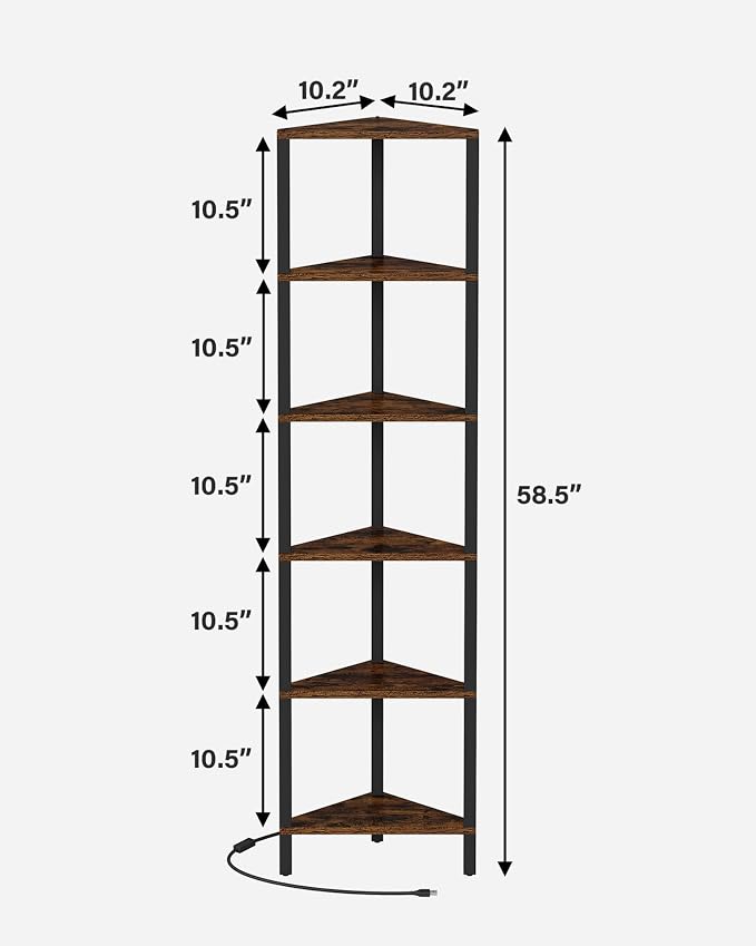 TUTOTAK Corner Shelf with LED Light, 6-Tier Corner Bookshelf | for Small Space, Narrow Display Corner Shelf Stand with Storage Rack, for Living Room, Bedroom, Rustic Brown BS05BB006L