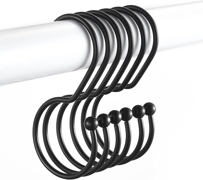 24 Pack Shower Curtain Hooks, Anti-Fall S-Shaped Shower Curtain Ring, Decorative Black Shower Curtain Hooks Rings Rust Proof Shower Rings for Curtain, Shower Hooks for Shower Curtain, Black
