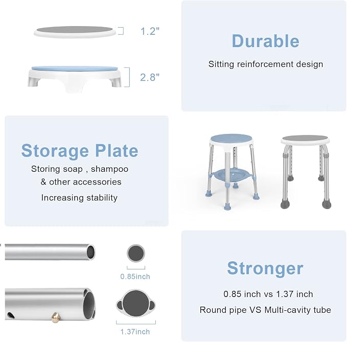 Shower Chair for Inside Shower, Tool-Free Assembly Swivel Shower Stool with Storage Tray, Adjustable Tub Chair and Bathroom Stool for Seniors, Elderly, Handicap & Disabled, FSA/HSA Eligible