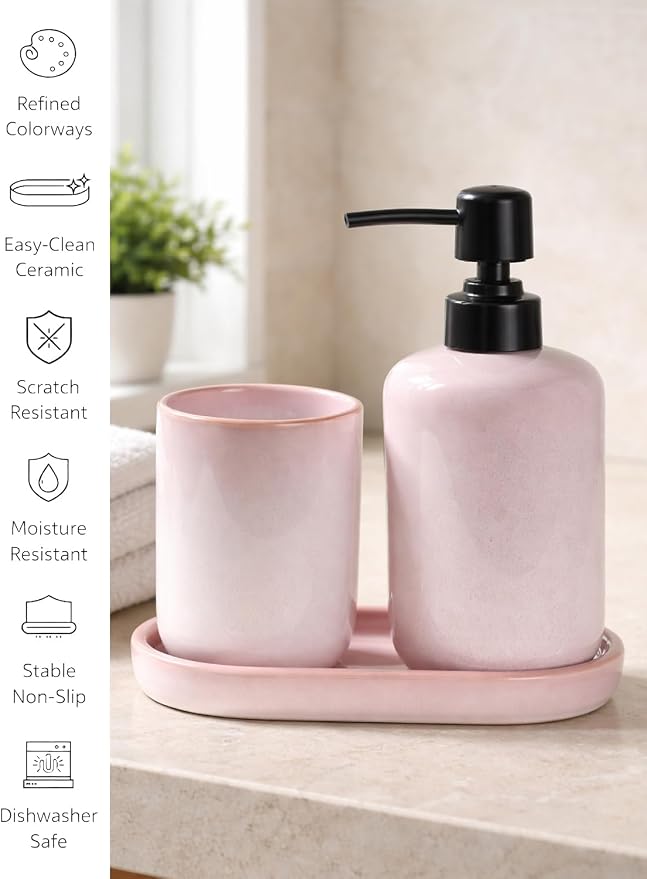 Glossy Pink Ceramic Bathroom Tray for Countertop, Small Vanity Organizer Dish for Perfume, Jewelry, Soap & Toiletries, Oval Decorative Tray for Bathroom, Dresser, Minimalist Home Decor