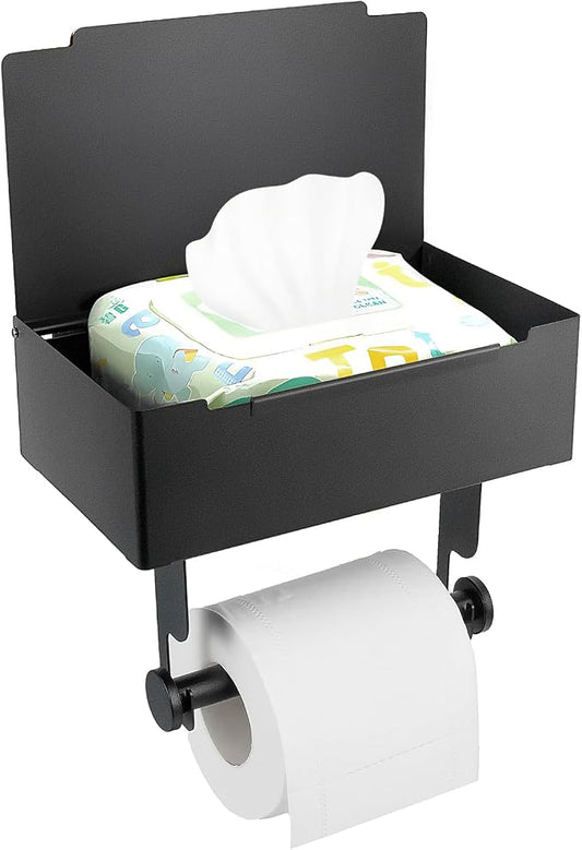 Matte Black Toilet Paper Storage Holder with Shelf for Wet Wipes, Sanitary Tampon, Trash Bags, Bathroom Wipes Holder Accessory Space Saver and Organizer
