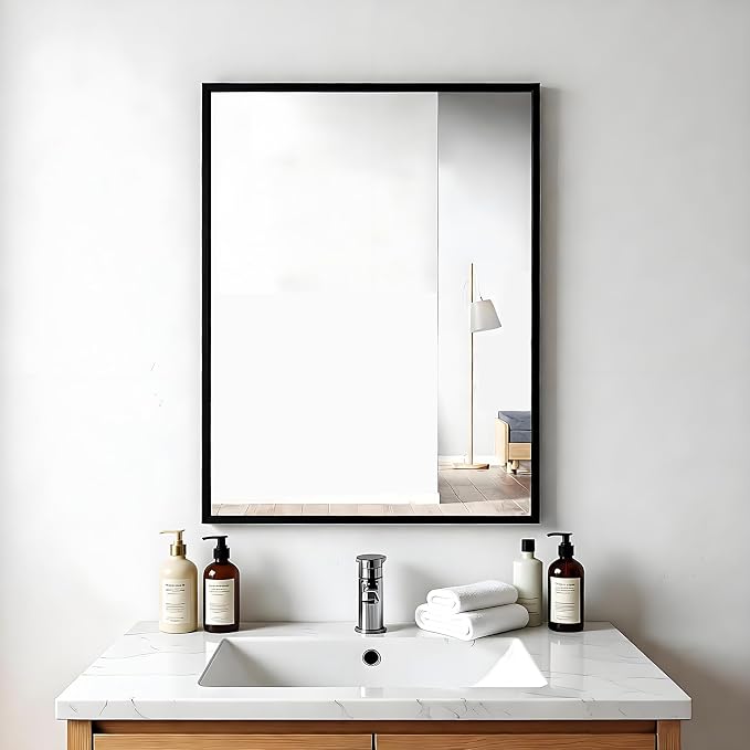Rectangular Wall Mirror, Black Aluminum Frame, 18x24 Inches, Modern Style, Tempered Glass, Wall Mount for Bathroom Bedroom Living Room