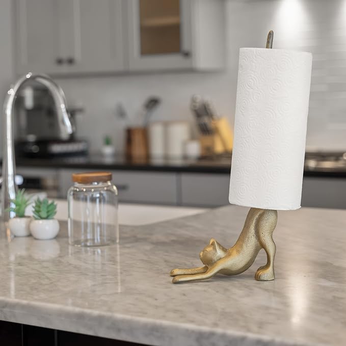 Gold Paper Towel Holder, Metal Toilet or Kitchen Paper Holder for Floor or Countertop, Gold Cat | 18.6 inch tall gold cast iron hand towel holder for kitchen countertop or bathroom with weighted base, no assembly