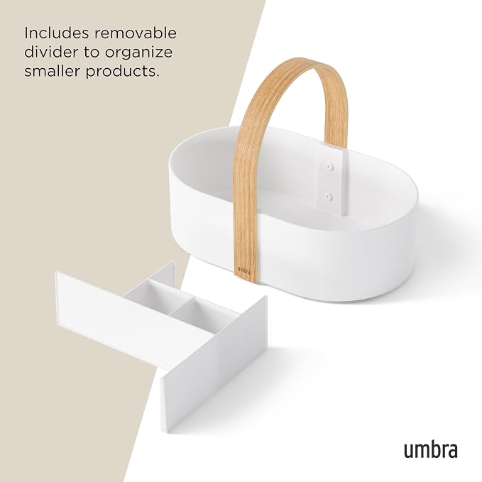 Umbra Bellwood Caddy, Wooden Handle Makeup Organizer, Small, White/Natural | Rubber feet protect surfaces, removable divider, lightweight portable design, easy to clean, recycled plastic body