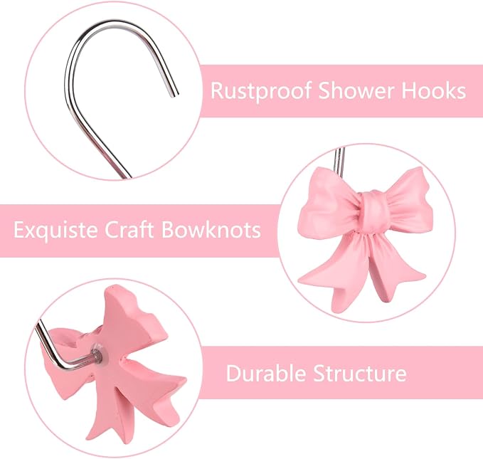 12 pcs Bow Knot Shower Curtain Hooks,Home Decorative Shower Curtain Rings | Anti Rust Hooks for Bathroom,Resin Shower Curtain Hangers Bathroom Accessories (Pink)