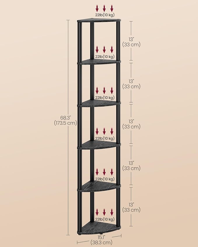 VASAGLE Corner Shelf, Superfast Toolless Assembly, 6-Tier Corner Standing Shelf, Corner Shelf Stand, Living Room, Bedroom, Kitchen, 15.1 x 10.6 x 68.3 Inches, Ink Black ULBC660BE02