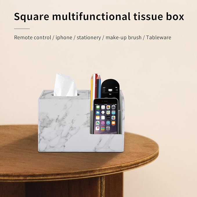 PU Leather Tissue Box Cover Square-Multifunctional Bathroom Tissue Box Holder/Organizer with 2-Compartment,Remote Control Holder,Decorative Tissue Box Covers Cube,Home Office Desktop Storage box,White