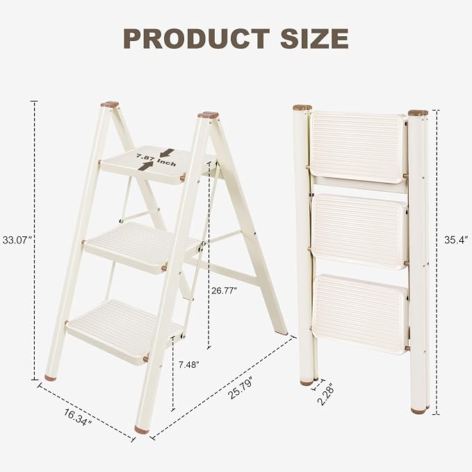 Valeo 3 Step Ladder,Lightweight Folding Step Stool with Wide Anti-Slip Pedal, 330LBS Capacity, Heavy Duty,Sturdy Iron Metal Step Stool for Home, Kitchen, Closet, Adults, Cream White