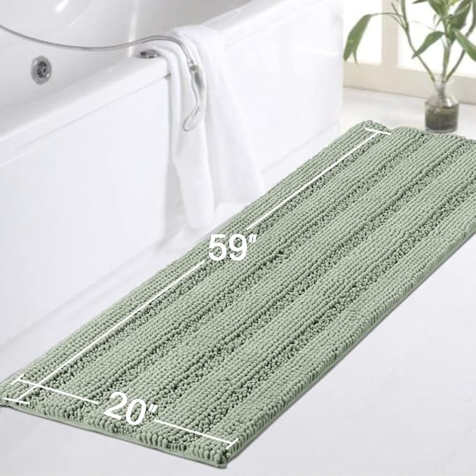 Turquoize Non Slip Shaggy Chenille Microfibers Bathroom Rug Sage Bathroom Mat Extra Long Bath Rug 59 x 20 Kitchen Rugs and Mats, Super Water Absorbent & Soft Washable Bath Rug for Kitchen, Sage