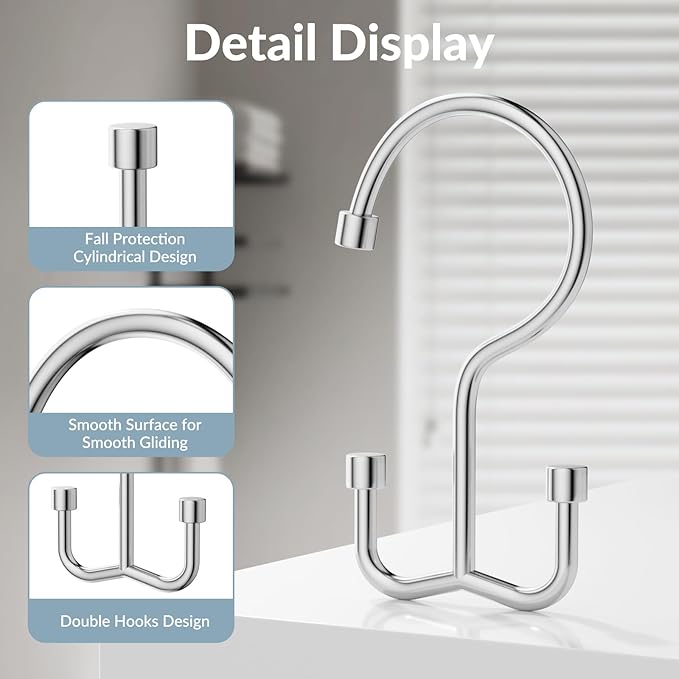 OEH Shower Curtain Hooks, 12 Pcs Shower Curtain Rings, Durable Silver Shower Curtain Hooks Rust Proof, Shower Rings for Curtain, Free Sliding Anti-Drop Double Shower Hooks for Shower Curtain, Chrome