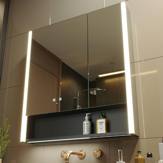 31x34 Inch Two Doors Aluminum LED Bathroom Medicine Cabinet with Mirror | Light Adjustment, Anti-Fog, Sockets&USBs, High Capacity, Easy to Install