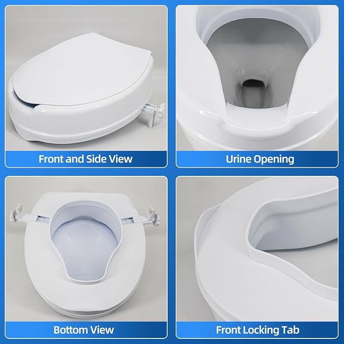 Raised Toilet Seat with Lid for Elderly, 4" High Toilet Seat for Elongated or Standard Commode, Raised Toilet Seat for Seniors, Handicap Toilet Seat Riser with Cover