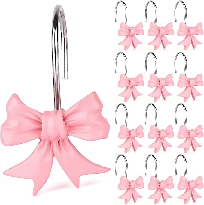 12 pcs Bow Knot Shower Curtain Hooks,Home Decorative Shower Curtain Rings | Anti Rust Hooks for Bathroom,Resin Shower Curtain Hangers Bathroom Accessories (Pink)