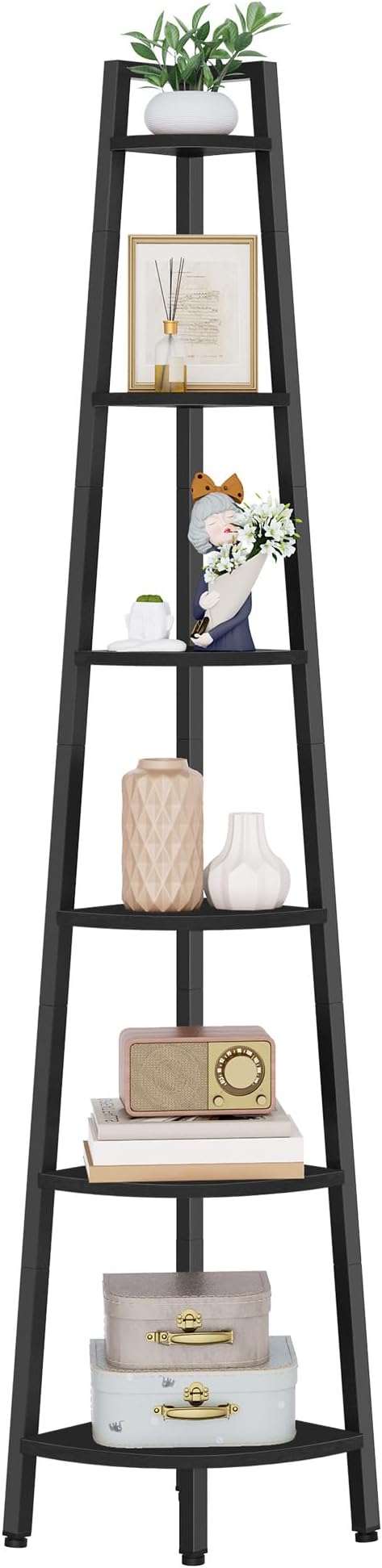 Hoctieon Corner Shelf, 6-Tier Corner Bookshelf, Rustic Ladder Shelf, Industrial Display Stand for Living Room, Kitchen, Home Office, Balcony, Small Space, Metal Frame, Black