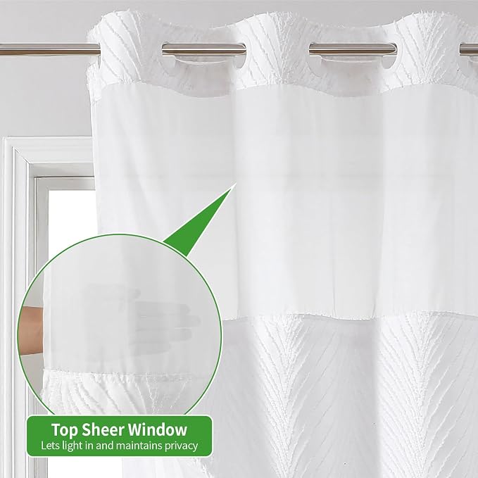 eachope no Hook Shower Curtain and Liner Set，Boho Style with See Through Top Window, White Fabric Tufted Striped Textured Outer Curtain & Waterproof Inner Liner, White, 71Wx77H