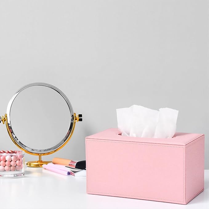Sumnacon Large Tissue Box Cover Rectangle,Magnetic Bottom Tissue Box Holder | Decorative Lychee Pattern PU Tissue Box Cover Rectangular for Bathroom Toilet Bedroom Living Room Table Home Office Car,Pink