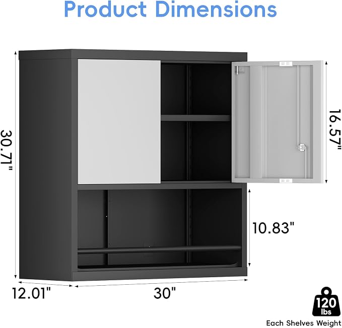 Garage Locking Cabinet, Wall Storage Cabinet with Shelves, Hanging Cabinets with Open Storage, Small Wall Cabinet, Lockable Tool Cabinet for Basement, School, Office