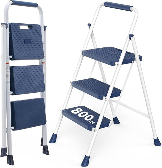 Sweetcrispy 3 Step Ladder, 800lbs Folding Sturdy Step Stool | Portable Stepping Stool with Wide Anti-Silp Pedal & Cushioned Handle, for Home Kitchen and Outdoor - Blue