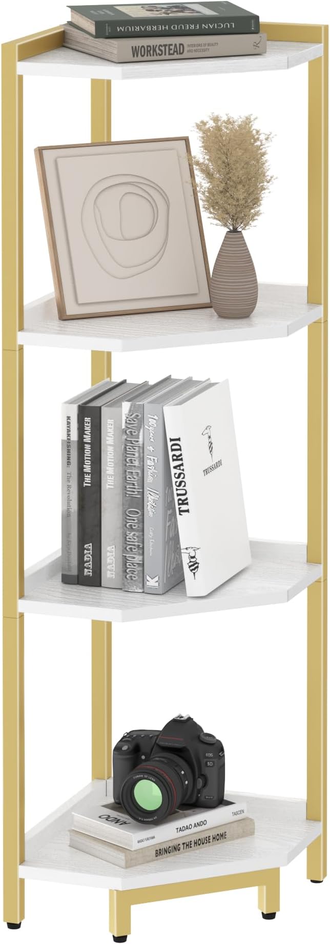 Hzuaneri Corner Shelf Stand 4-Tier Corner Bookshelf Storage Standing Shelf | Bookcase Plant Stand with Metal Frame for Living Room, Home Office, Bedroom, White Gold CS05803A
