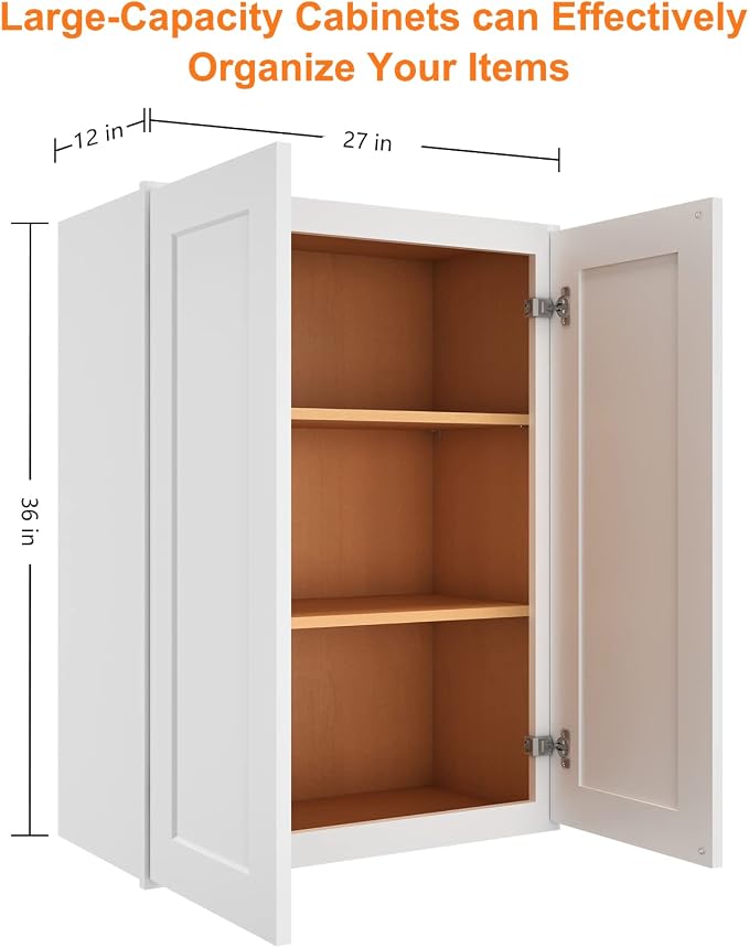 ROOMTEC Wood Wall-Mounted Cabinet,Bathroom Medicine Cabinet with Adjustable Shelves and 2 Soft-Close Doors,Laundry Storage Cabinet for Bathroom,Kitchen,Living Room 12" D*27" W*36" H,Shaker White