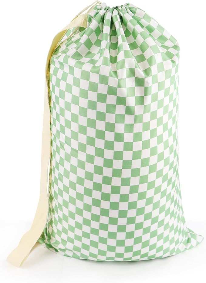 Laundry Bag Backpack for Dorm & Travel, 29 x 18" Large Dirty Bag | Cute Green Checkered College Clothes Pouch with Straps and Handles. Ideal for Apartment, Camp and Portable Bag for Laundromat