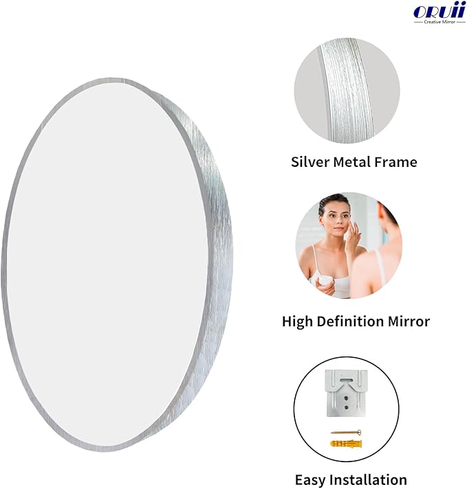 Small Round Mirror, 16 inch Silver Circle Mirror, Silver Metal Frame | High Definition, Waterproof, Rust-resistant, Circular Wall Mirrors for Bathroom, Bedroom, Vanity, Nursery, Kids, Wall Décor